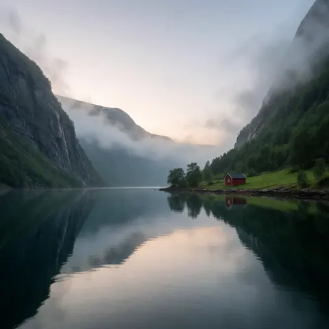 Misty fjord at dawn